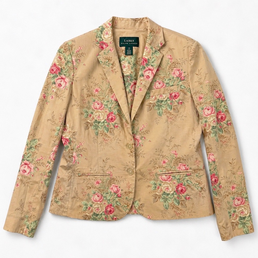 Lauren Ralph Lauren Floral Blazer Jacket Womens 12 Tan Pink Stretch Cottagecore - Picture 2 of 11